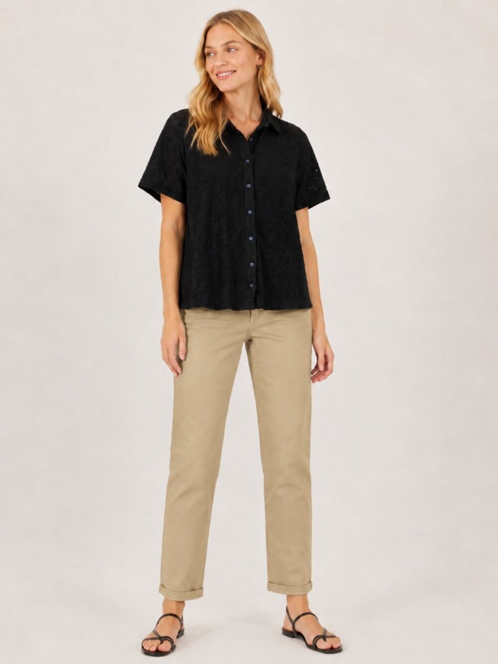 2/$30 Lands' End Broderie Anglaise Button-Down Shirt Black 2X #A2782